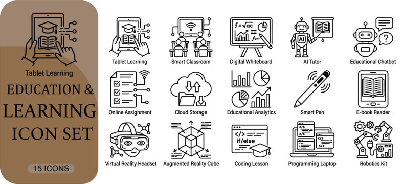 Education and learning icon set, vector illustration of modern educational technology tools, digital classroom and elearning concepts