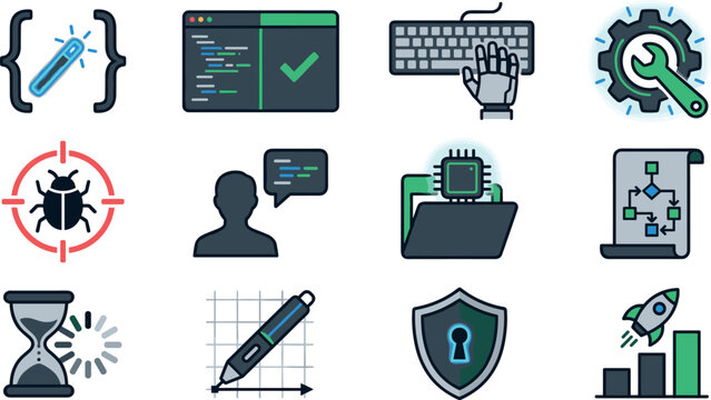 Software Development and Debugging Icon Collection with Coding, Bug Fixing, Security, Optimization, and Programming Workflow Vector Set