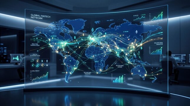 Futuristic blue holographic display showing global fintech network, blockchain connections, digital currency flow, secure data transfer, cryptocurrency trading
