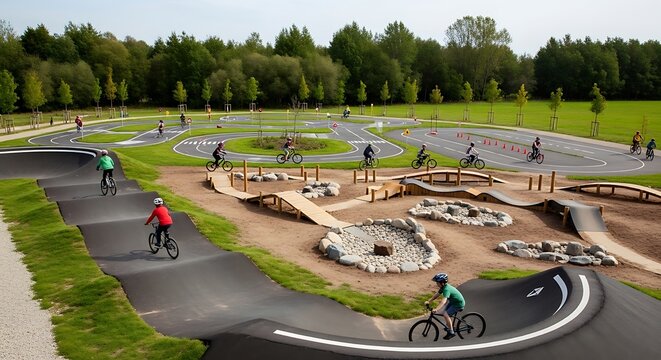 Young Cyclists Riding Bicycles on Modern Outdoor Pump Track in Green Park