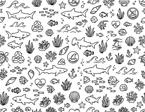 Seamless pattern of sharks, ocean life, corals, and marine elements, minimalist black line art on white 