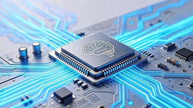 Microchip with brain symbol on circuit board