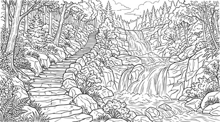 Fototapeta premium Serene forest landscape with waterfall and stone path coloring page illustration