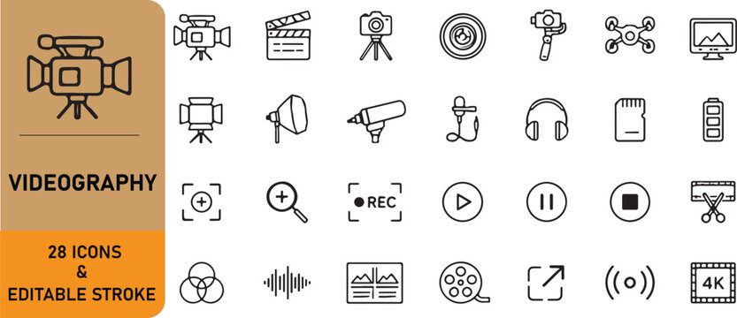 A set of 28 videography outline icons
