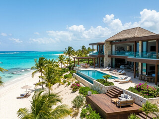 Fototapeta premium Luxury Beachfront Villa with Infinity Pool and Tropical Ocean View