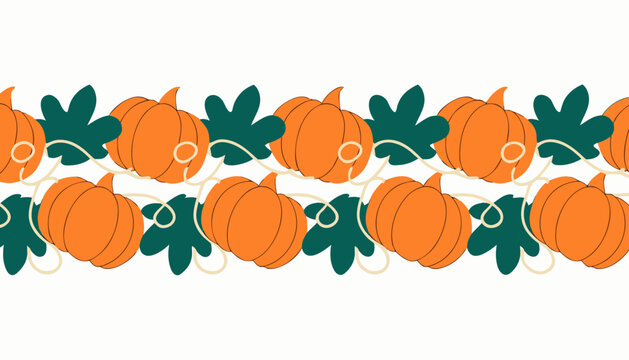 Autumn, pumpkin, vector border, orange, green leaves, Thanksgiving decoration, seasonal, fall, illustration, design element