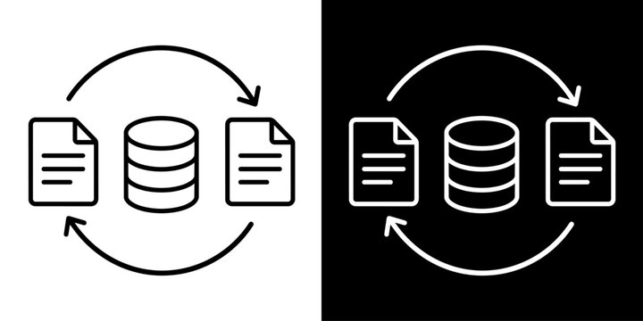 データ同期を表す書類とデータベース、循環矢印の白黒線画アイコンセット