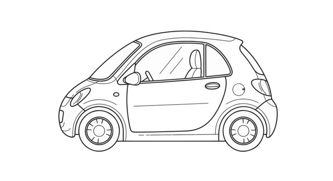 Minimalist black and white line art illustration of a compact two-door microcar city vehicle side view, suitable for coloring book page or technical icon, white background.