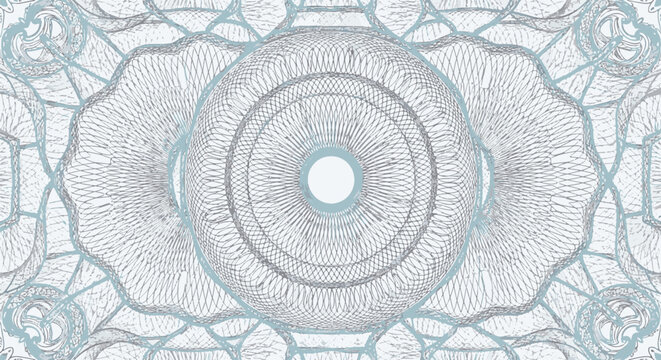 Pale ice blue guilloche pattern featuring complex geometric line art and circular rosette details on a white background, ideal for security documents, currency, and official certificates.