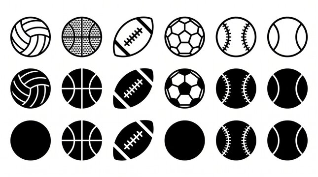 Set of various sports ball icons including volleyball, basketball, football, soccer, baseball, and tennis, in line and solid black styles, isolated.