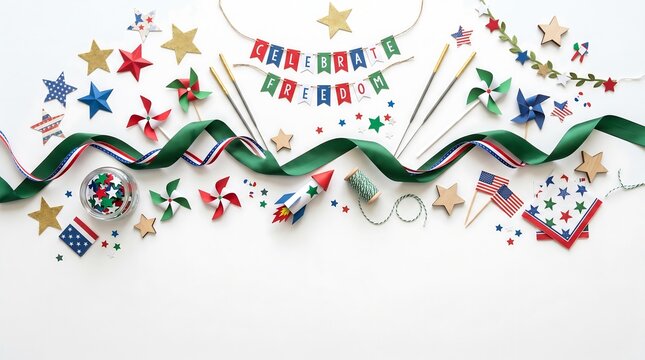 Party decorations, colorful stars, banners, and confetti, festive celebration elements