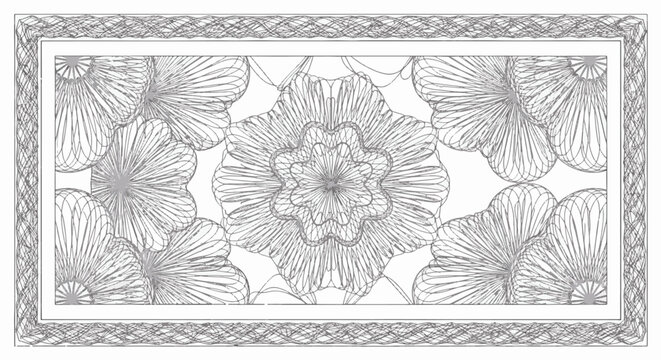 Abstract monochrome guilloche pattern with floral rosettes and intricate border frame. Geometric security printing design for certificates or banknotes on white background.