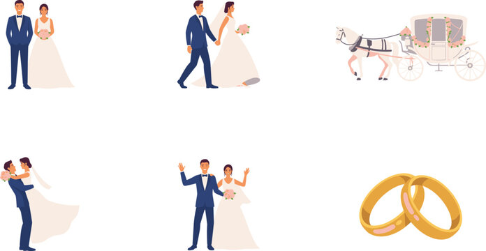 Romantic Wedding Icon Set with Bride and Groom Couples, Horse Drawn Carriage, Marriage Ceremony Poses, and Golden Wedding Rings Vector Illustration