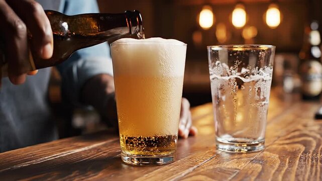 Refreshing cold beer being poured from a bottle into a glass with frothy head on wooden bar counter