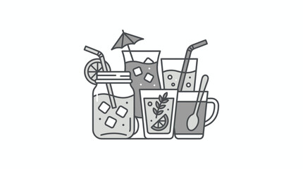 Elegant Minimalist Line Drawing of Refreshing Beverages with Bicycle and Umbrella for Relaxation Theme © nuaima