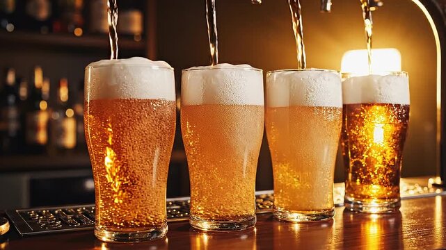 Four glasses of golden beer being poured at a bar with frothy heads and warm lighting