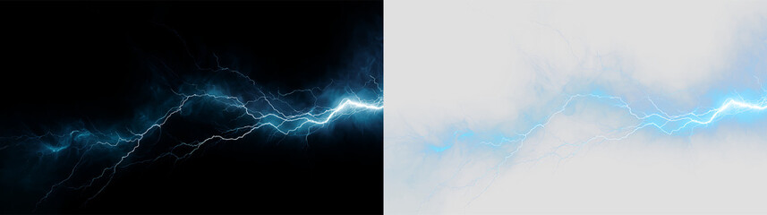 Electric blue lightning bolts with soft clouds on transparent background creating a dynamic scene for designs and graphics © Liubov