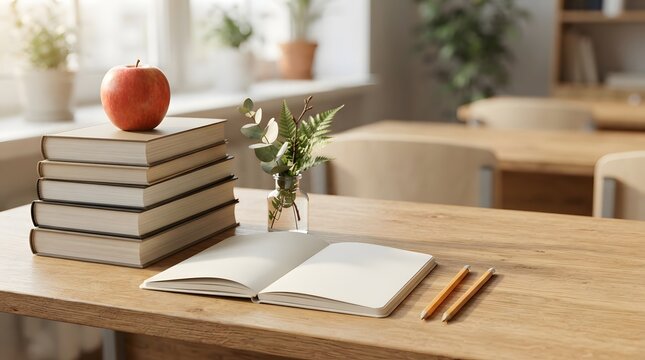 Education Concept with Books Stack Apple Open Notebook on Wooden Classroom Desk in Bright Learning Environment