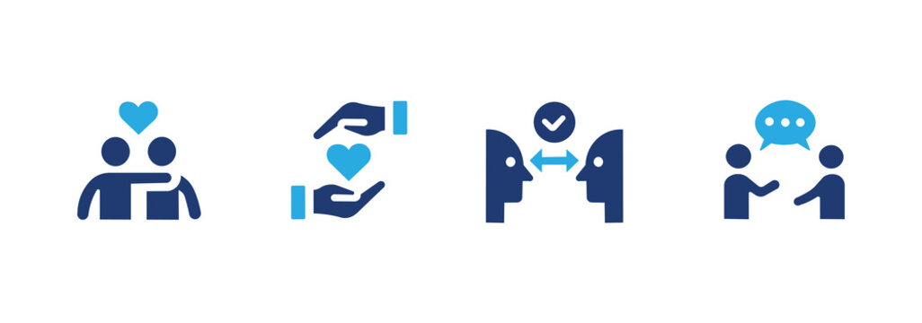 Human interaction icon set. Contains friends, relationships, face-to-face, and discussion icons. Solid icon illustration pack.