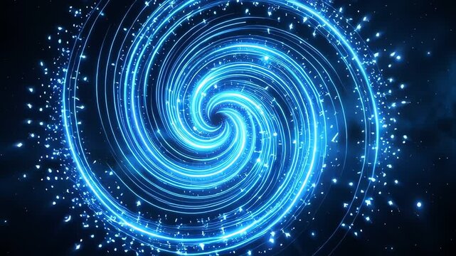 Electric blue particle spiral vortex spinning in dark space