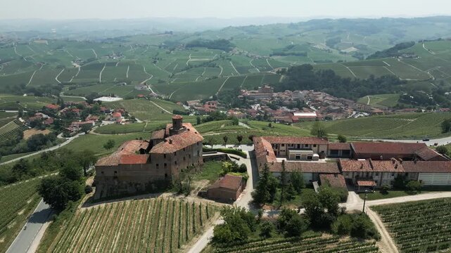 Aerial Drone View of Castello di La Volta Winery, Italian Vineyards, Wine Estate, Countryside Landscape, Piemonte Italy, Cinematic 4K Footage