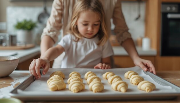 There is a woman and a little girl making doughnuts on a baking sheet