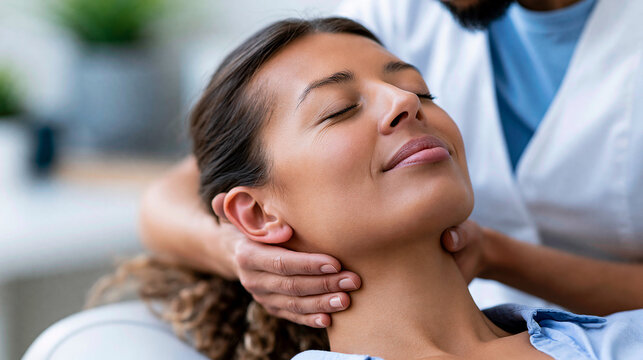 Faceless practitioner applying delicate touch to realign jaw joint in clinical TMJ treatment setting, dental physiotherapy concept, medical photography, blurred clinic background,
