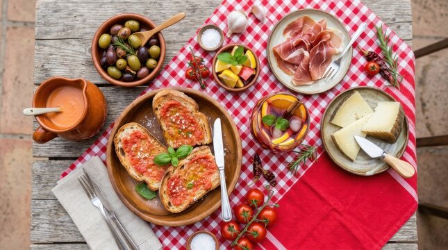 Traditional Spanish Tapas Breakfast Flat Lay