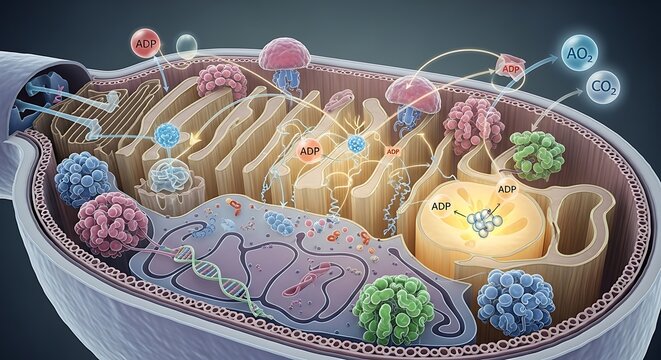 Detailed Mitochondrion Diagram Showing Cellular Energy Production in Scientific Illustration
