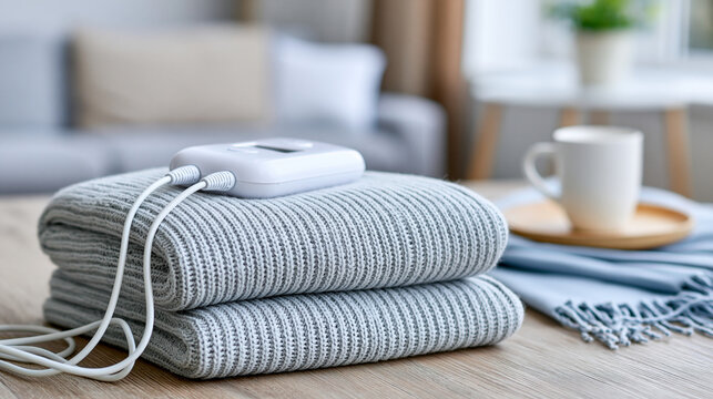 Soft electric heating pad for therapeutic comfort representing home pain relief and muscle relaxation, heat therapy concept, healthcare photography, blurred neutral background,