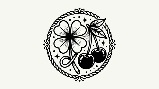 Lucky Clover and Cherries Tattoo Design - Good Luck Symbol