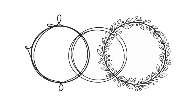 Set of three interlocking circular frames featuring a floral wreath with berries, a geometric double-line ring, and continuous line art with decorative loops on a white background.
