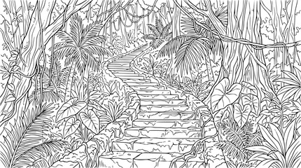 Obraz premium Winding Stone Stairs in a Lush Tropical Jungle Coloring Page