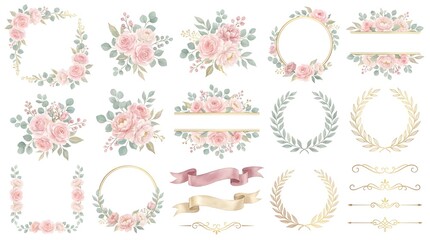 Beautiful watercolor floral vector collection featuring blush pink roses, peonies, eucalyptus leaves, elegant wreaths, gold frames, decorative borders, ribbons, and botanical ornaments © DK