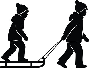 Silhouette of two children playing with a winter sled vector illustration