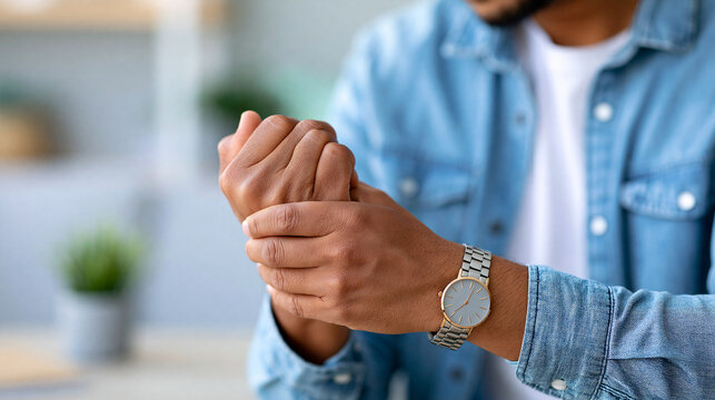 Close-up of faceless man holding wrist in pain with soft natural lighting indoors, wrist pain concept, healthcare photography, blurred home background, with copy space