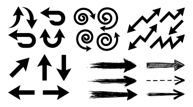 Variety of hand‑drawn arrows grid featuring curved, spiral, jagged, straight, brushstroke, dashed styles symbolizing motion, navigation, energy, emphasis.