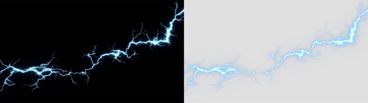 Electric blue lightning bolt on transparent background showing branching patterns in various directions