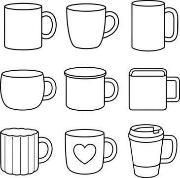 Set of outlined coffee mugs and travel cups in assorted shapes