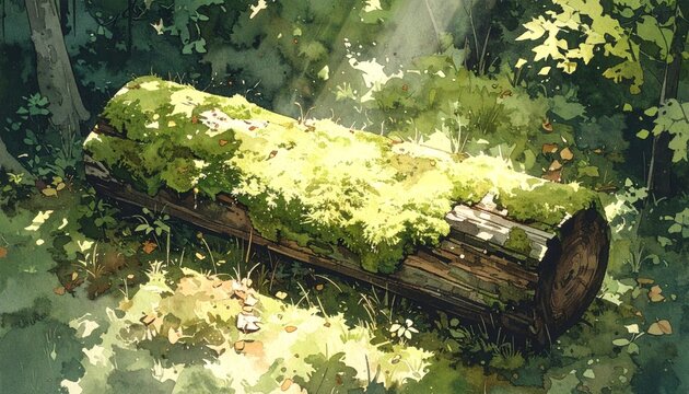 Watercolor Solitary Moss Fallen Log in Quiet Forest Landscape Background