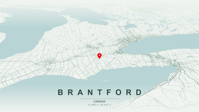 Modern minimalist vector map of Brantford, Ontario. High-quality scalable illustration of Brantford geographic boundaries, Grand River shoreline networks for posters design.