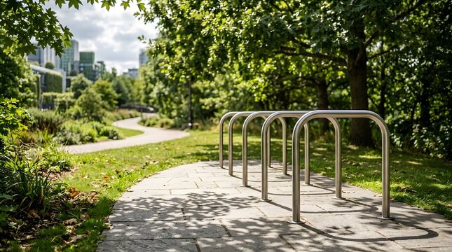 Stainless steel bike parking racks on stone pathway in city park. Green urbanism and sustainable public transportation infrastructure concept.