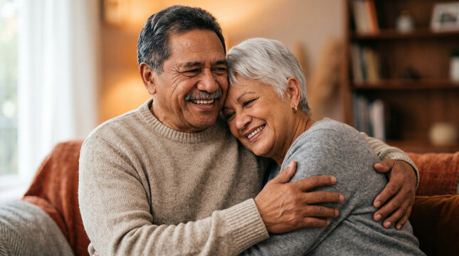 Senior couple sharing warm hug on living room sofa.