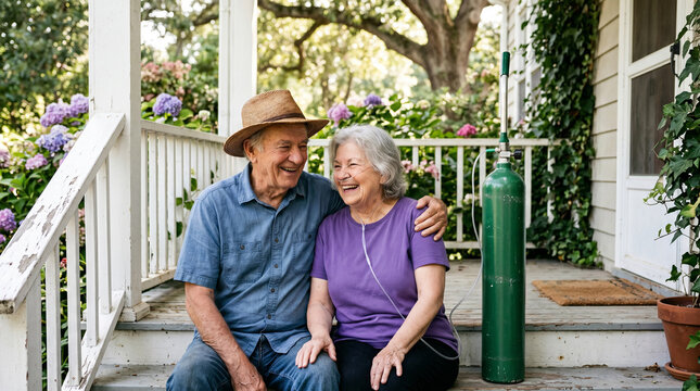 Senior couple sitting on porch with oxygen tank.