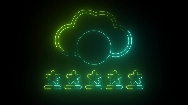 Five star rating with glowing neon cloud icon animation on black background. Futuristic cyberpunk style, digital technology concept, 4K motion graphics.