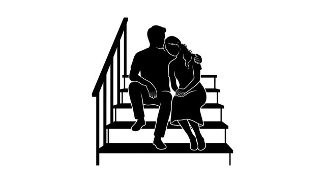 Pasangan romantis duduk di tangga bersama siluet hitam putih