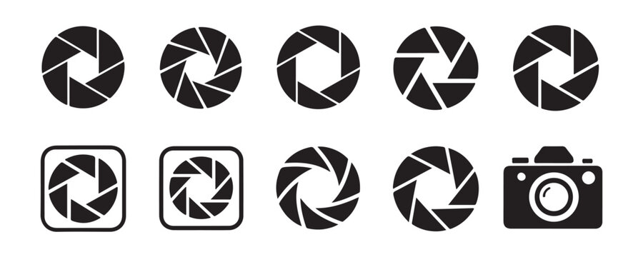 Camera lens aperture icons diaphragm blades for photography and camera settings isolated on transparent background vector art.