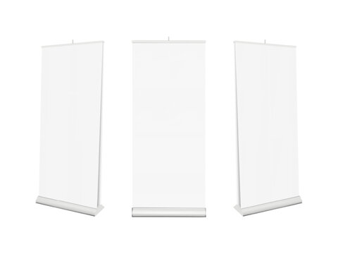 Blank white double-sided roll-up retractable banner stand. Front, half turned. Realistic vector mock-up. Pull-up roller standee. 3d mockup. Kakemono rollup advertising display. Template for design