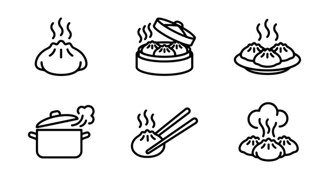 Steaming Dumpling Icons, Dim Sum Vector Set, Asian Food Illustrations