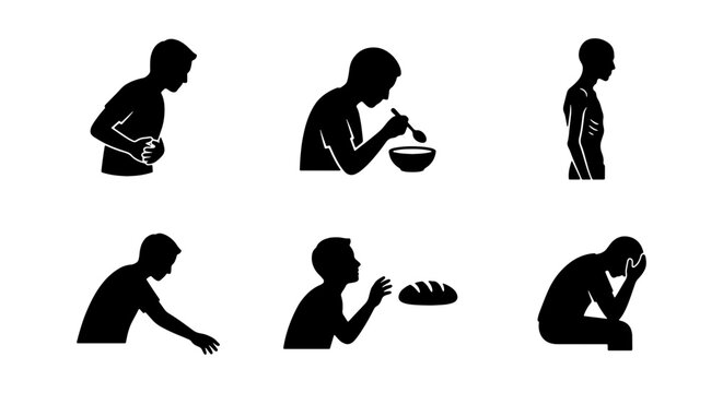 Human Silhouette Icons: Hunger, Eating, Illness, Despair, Starvation